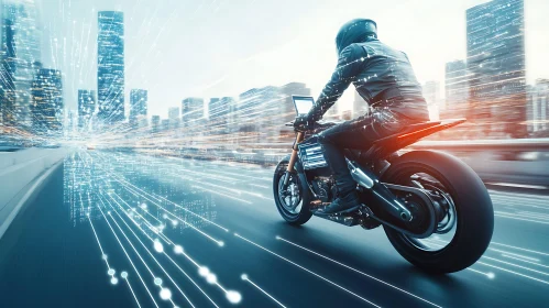 Cyberpunk Motorcycle in a Tech City