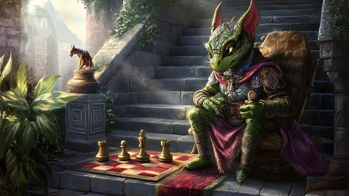 Dragon Strategist Contemplating Chess Move