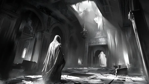 Monochrome Hallway with Cloaked Figure