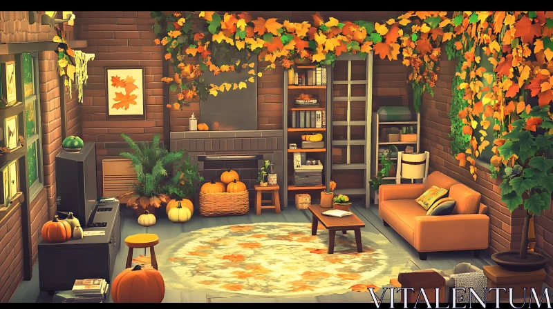 Cozy Fall Room with Pumpkins AI Image