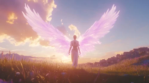 Ethereal Figure with Wings in Golden Field