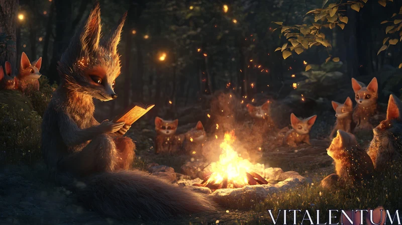 Foxes Reading Stories by the Fire AI Image