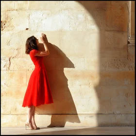 Lady in scarlet dress and sunbeam