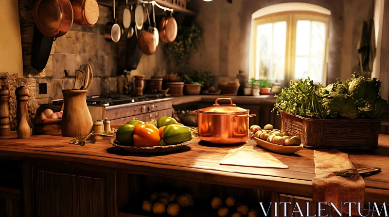 AI ART Vintage Kitchen with Copper Cookware and Produce