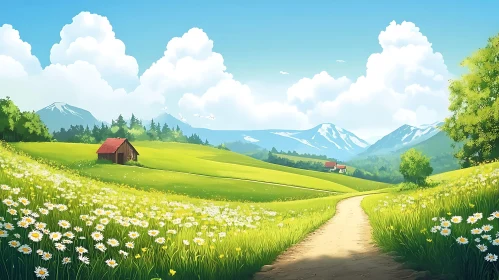 Scenic Daisy Field Path in Mountainous Landscape