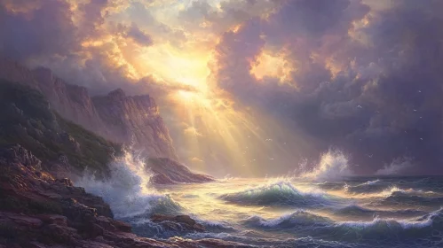 Sunlit Ocean Waves Against Rocky Cliffs