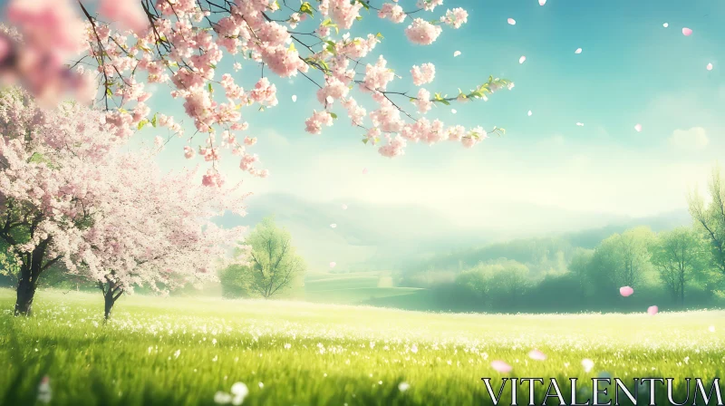 Spring Meadow with Cherry Blossoms AI Image