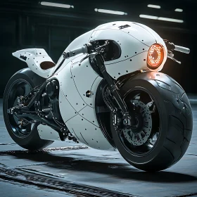 Sleek White Motorcycle with Glowing Headlight