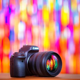 DSLR Camera in Front of Colorful Lights | Modern Photography Gear