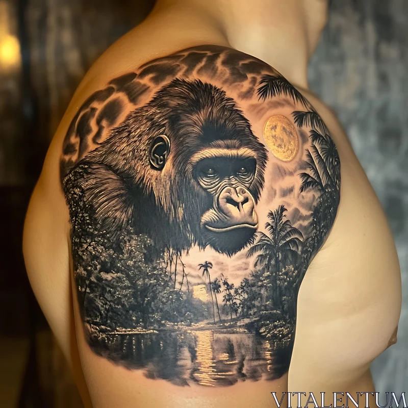 Gorilla and Jungle Scene Shoulder Tattoo AI Image