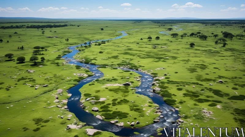 Aerial View of Majestic River in Lush Green Land | Nature Art AI Image