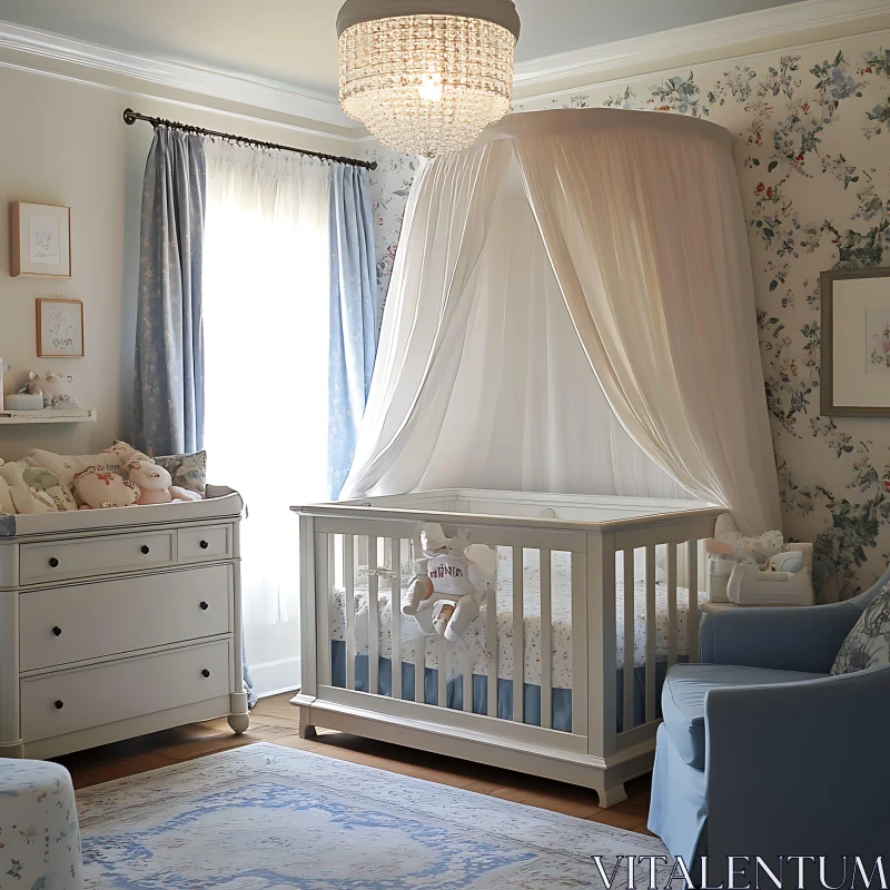 AI ART Calm Nursery Room with Canopy Crib