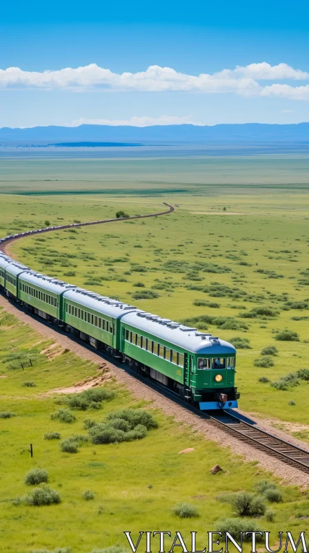 Captivating Green Train Crossing a Serene Field | Nature's Beauty AI Image