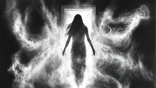 Monochrome Ghost Emerging from Doorway