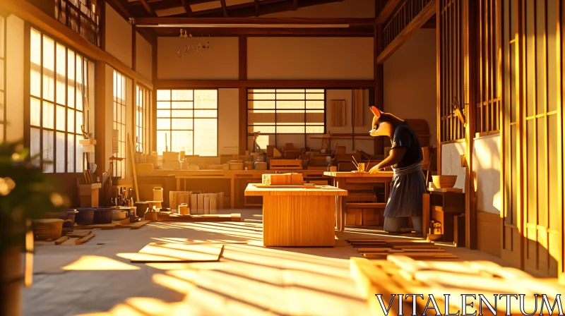 AI ART Sunlit Woodshop Scene with Fox Character