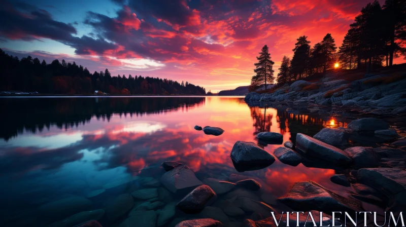 Orange Sunset over River | Norwegian Nature | Vibrant Colors AI Image