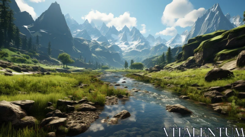 Serene Mountain Scene with Stream: A Calming Symmetrical Landscape AI Image
