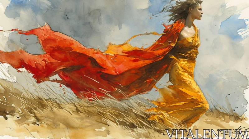 Watercolor Painting of Woman in Yellow Dress with Flowing Red Scarf AI Image