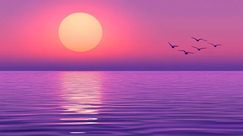 Sunset Over Ocean with Birds in Flight