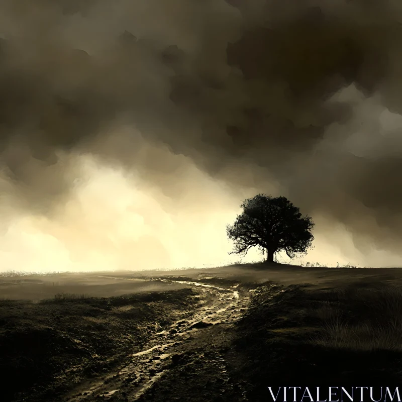 AI ART Brooding Landscape with Lone Tree