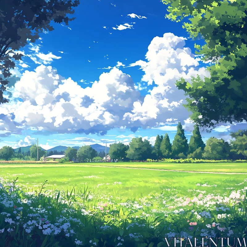 AI ART Idyllic Meadow Scene with Flowers and Clouds