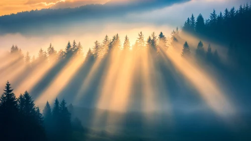 Sunlit Misty Forest with Mountain Backdrop