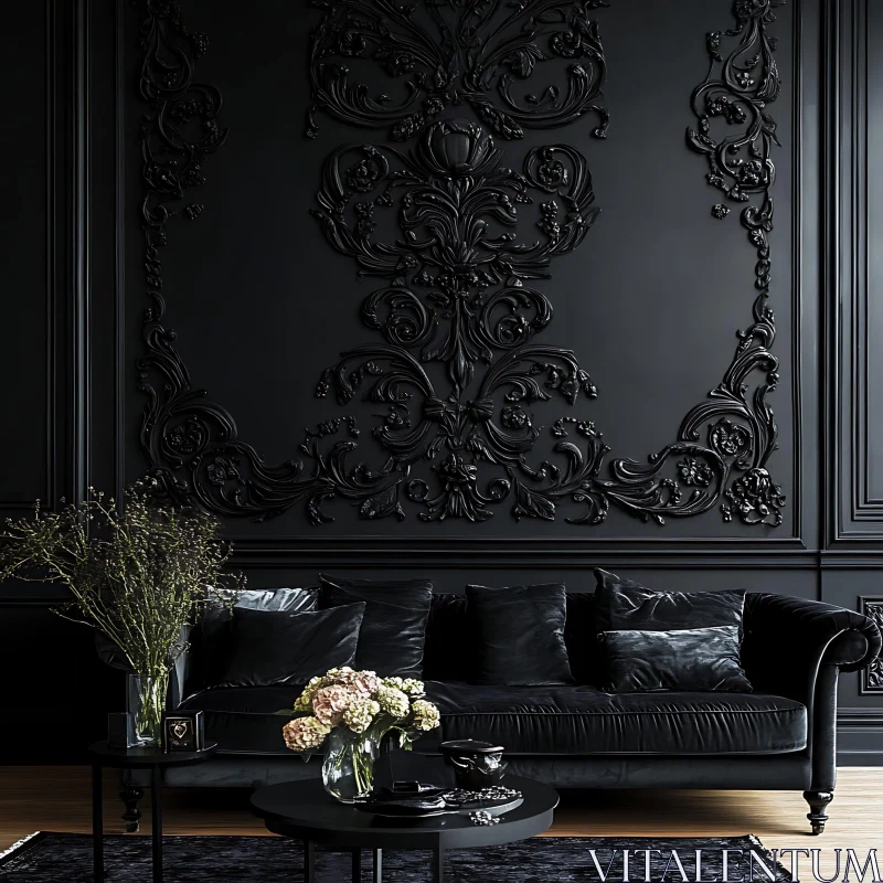 Black Velvet Sofa and Ornate Wall Carvings AI Image