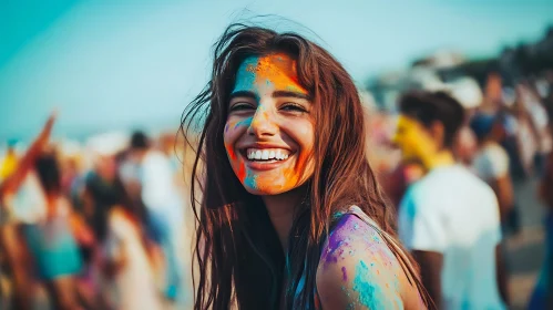 Woman's Smiling Face Covered in Holi Colors