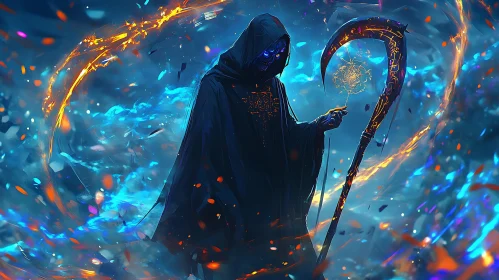 Enigmatic Figure with Spectral Scythe