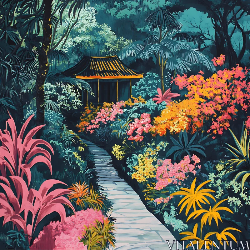 Lush Tropical Garden with Stone Pathway AI Image