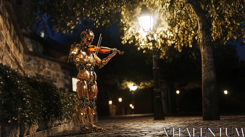 Cyborg Violinist Amidst Night Street Lamps and Trees AI Image