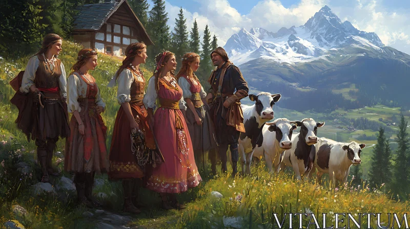 Traditional Village Scene with Cows AI Image