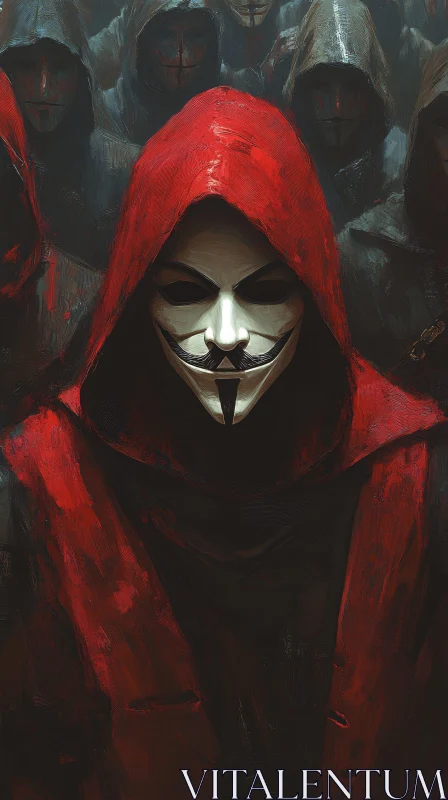 AI ART Masked Figures in Red and Gray Hoods