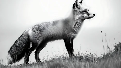 Monochrome Fox in Grassy Field