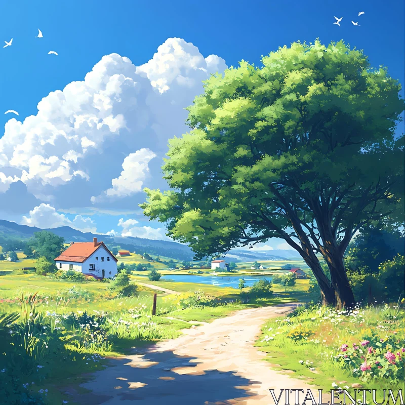 AI ART Scenic Path Through Green Fields and Clouds