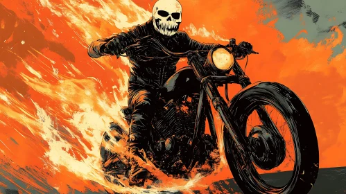 Motorcycle Rider with Skull Mask in Flames