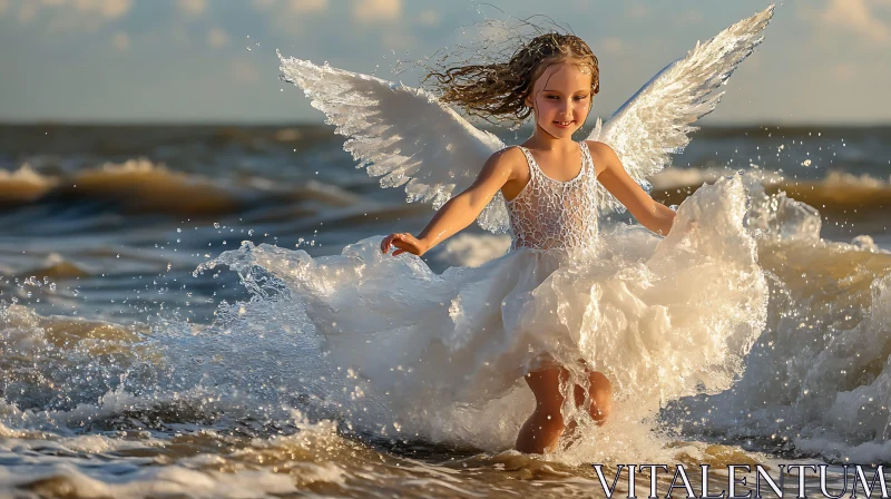 Winged Girl Playing in the Sea AI Image