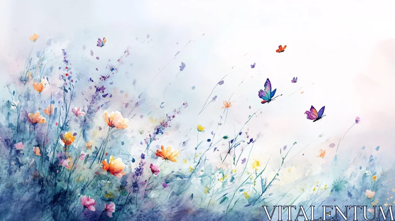 AI ART Pastel Butterfly Meadow Watercolor Art