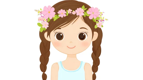 Floral Crowned Girl Cartoon Portrait