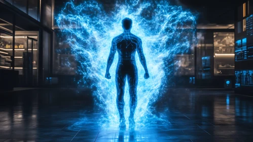 Silhouette of a man with blue energy