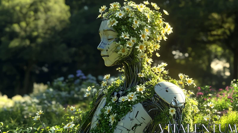 Humanoid Robot with Blooming Flowers in Nature AI Image