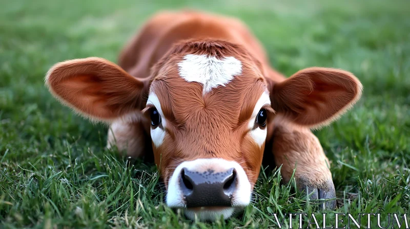 Heart-Marked Calf Resting in Field AI Image