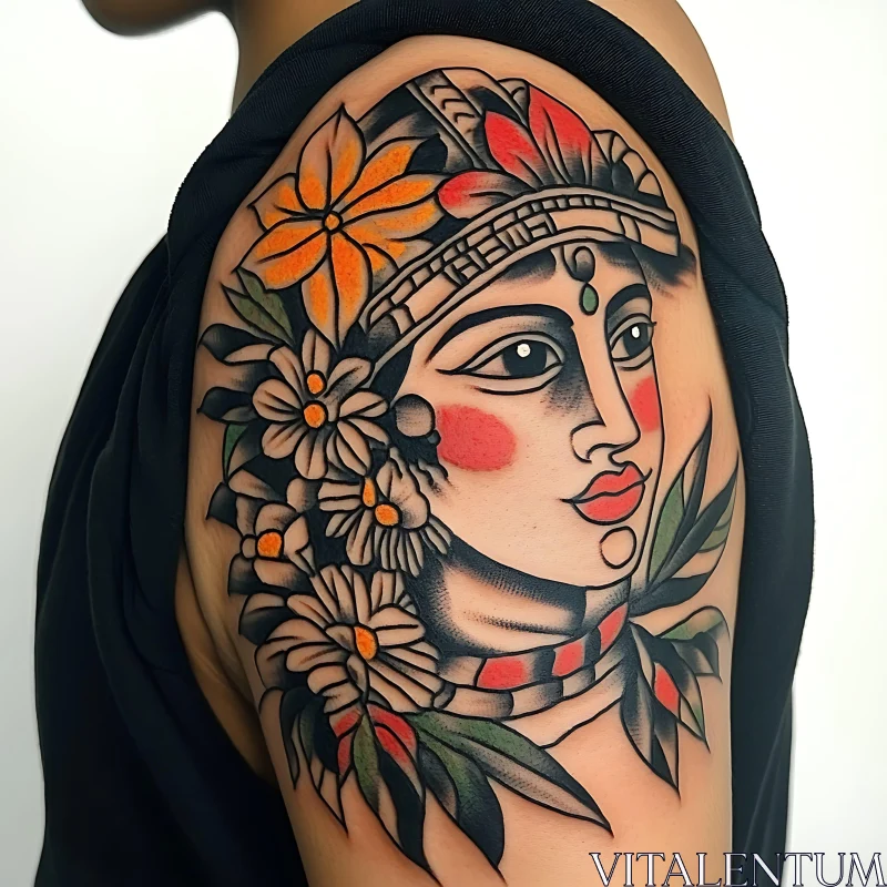 Stylized Floral Headdress Tattoo Design AI Image