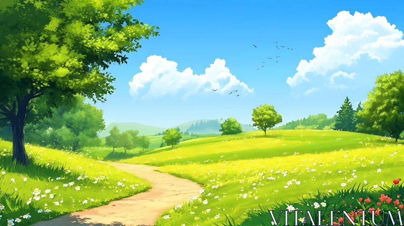 AI ART Lush Green Meadow with Winding Path