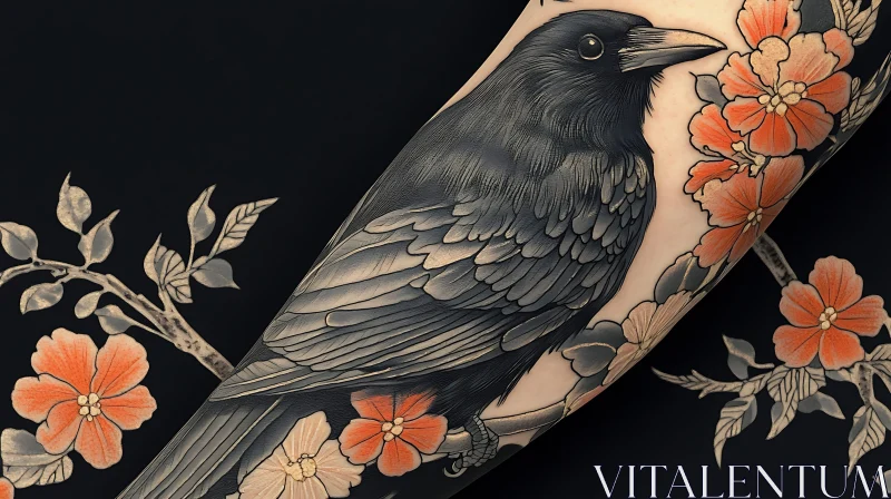 Detailed Crow and Flowers Tattoo Design AI Image