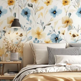 Serene Bedroom with Floral Wallpaper