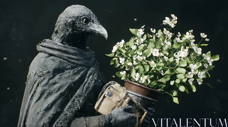 Mystic Crow Holding White Flowers Pot AI Image