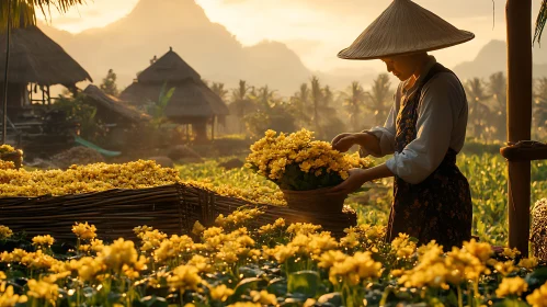 Woman Harvesting Yellow Flowers Field