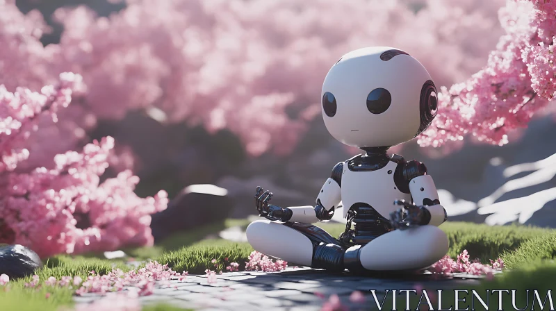 Zen Robot in Spring Blossom Garden AI Image