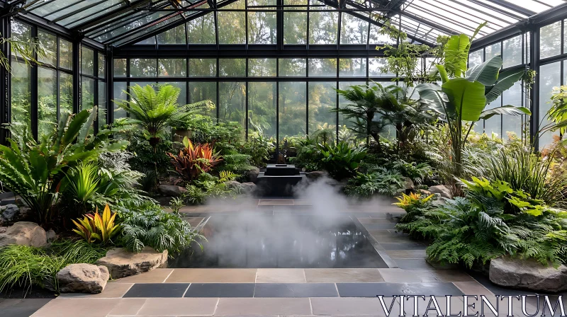 Lush Indoor Garden with Foggy Water Feature AI Image